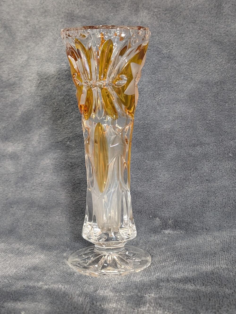 Vintage Amber Cut to Clear Crystal Footed Vase Etched Floral Bohemian